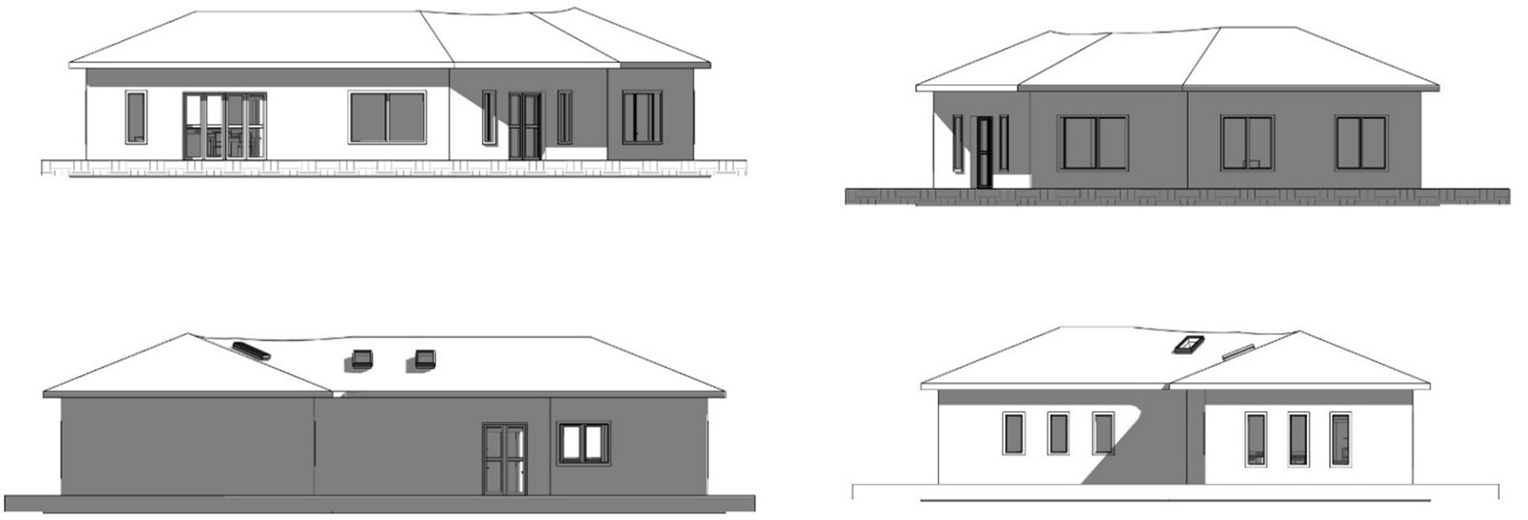 Ilustración 12 – Elaboración propia. Alzados sur (superior izquierda), este (superior derecha), norte (inferior izquierda) y oeste (inferior derecha)